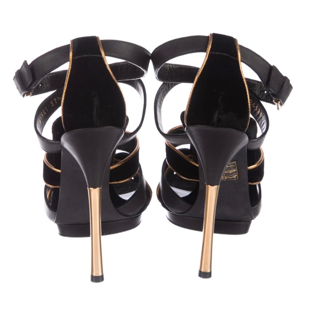 💯AUTH GUCCI VELVET LEATHER CAGED STRAPY BLACK METALLIC GOLD HEEL 37.5 7 7.5 EUC - Picture 3 of 5